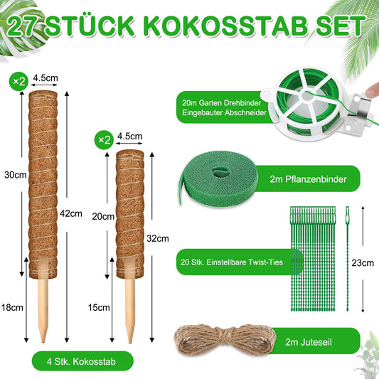 modacraft 4 Pack Plant Support Stake (42, 32cm), Bendable Coconut Coir Moss Stick for Monstera with Spray Bottle Garden Twine Plant Ties Plant Labels Jute Rope Coconut Pole for Climbing Plants