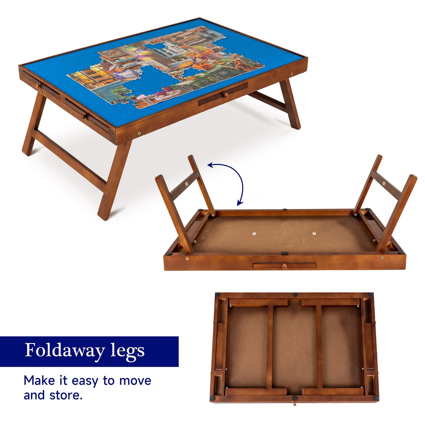 Tektalk puzzle table with foldable legs & tiltable stand, puzzle board with PP cover & 6 colorful drawers, suitable for 1500, 1000, 500 puzzle pieces.