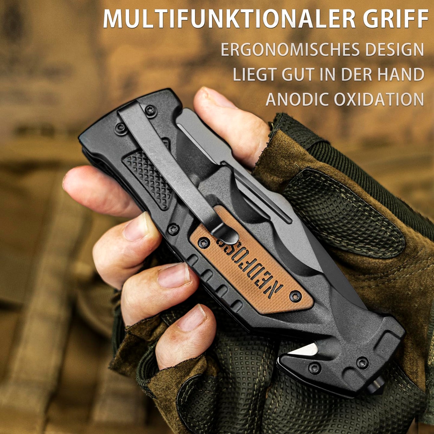 NedFoss DA75 two-hand knife, 10CM pocket knife with seatbelt cutter & glass breaker, legal folding knife with liner lock & ball bearing, survival knife outdoor, rescue knife with clip in gift box.