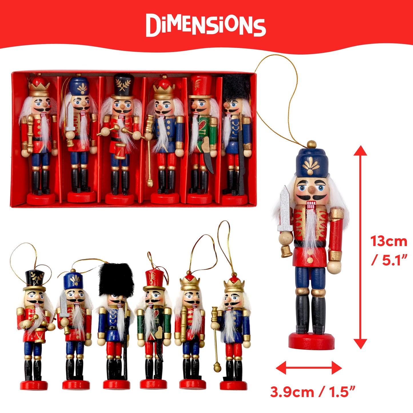 THE TWIDDLERS - 6 Traditional Christmas wooden Nutcrackers, 13cm - Soldier Ornaments Tree Decorations Christmas Tree Ornaments Christmas Decorations