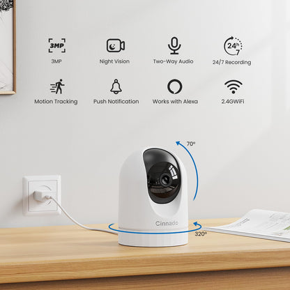 Cinnado Indoor Surveillance Camera - 2K Baby Monitor with Camera, 360 Degree WiFi Indoor Dog Camera with APP, Automatic Tracking, Two-Way Audio, Motion Detection, Night Vision, compatible with Alexa