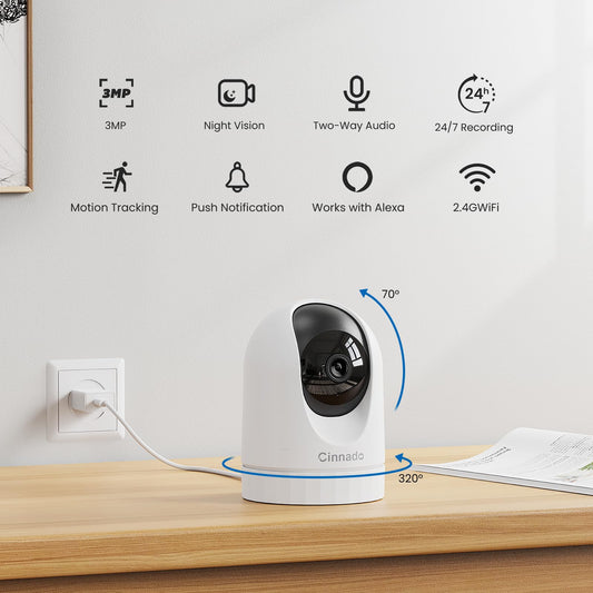 Cinnado Indoor Surveillance Camera - 2K Baby Monitor with Camera, 360 Degree WiFi Indoor Dog Camera with APP, Automatic Tracking, Two-Way Audio, Motion Detection, Night Vision, compatible with Alexa