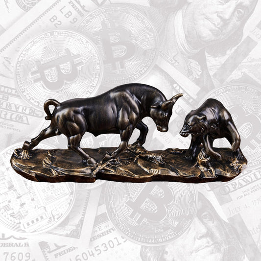 Cute Bull and Bear market figures made of resin. Wall Street Bull Bear Statue for desks, shelves, or displays. These figures make a great office gift idea.