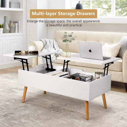 VOWNER Coffee Table, Adjustable Height, Extendable, Retractable, Separate Hidden Storage, Double Lift Top, Living Room Table, White.
