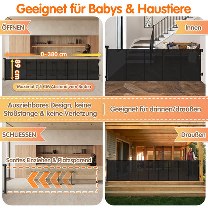 Retractable baby safety gate, 380cm wide, by AMAZKRUS. Ideal for stairs, doors, indoors, and outdoors. Provides protection for children, cats, and dogs.