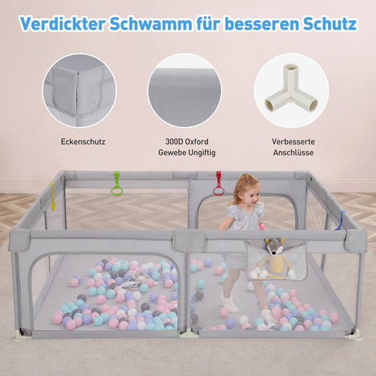 Dripex Playpen Baby 150x200cm, Playard Baby, Playpen with breathable mesh, Playard 300D Oxford Fabric, Playpen, baby playpen, Large Safety Playground, Gray
