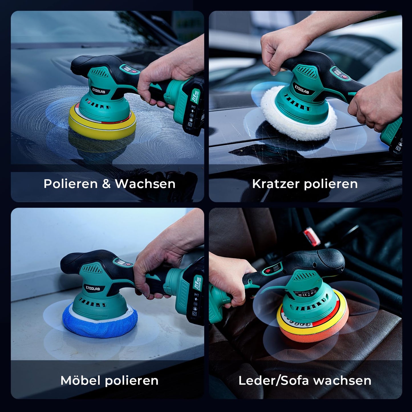 ETOOLAB Car Polisher Battery, Car Polisher Set 22 pcs, Eccentric polishers with 2 * 2.0Ah 21V Battery, 8 variable speeds, for car detailing, Headlight Restoration Set