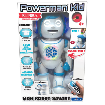 Lexibook Powerman Kid - educational robot, bilingual French/English, with remote control - programmable, dances, plays music, tells stories, 450+ quiz, records 4+.
