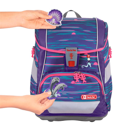 Step by Step School Bag Set 2IN1 Plus Reflect "Shiny Dolphins" 6-piece, purple-blue, dolphin design, ergonomic backpack with reflectors, adjustable height with hip belt for 1st grade girls, 19L.