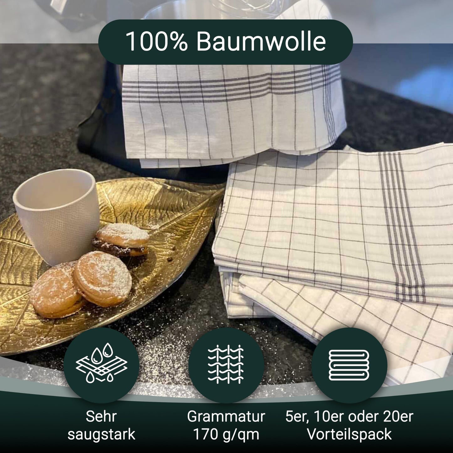 ZOLLNER 20 piece set of cotton kitchen towels in 50x70 cm - super absorbent and durable - washable up to 95°C - in gray white checkered pattern - premium quality for gastronomy - Oeko Tex® certified