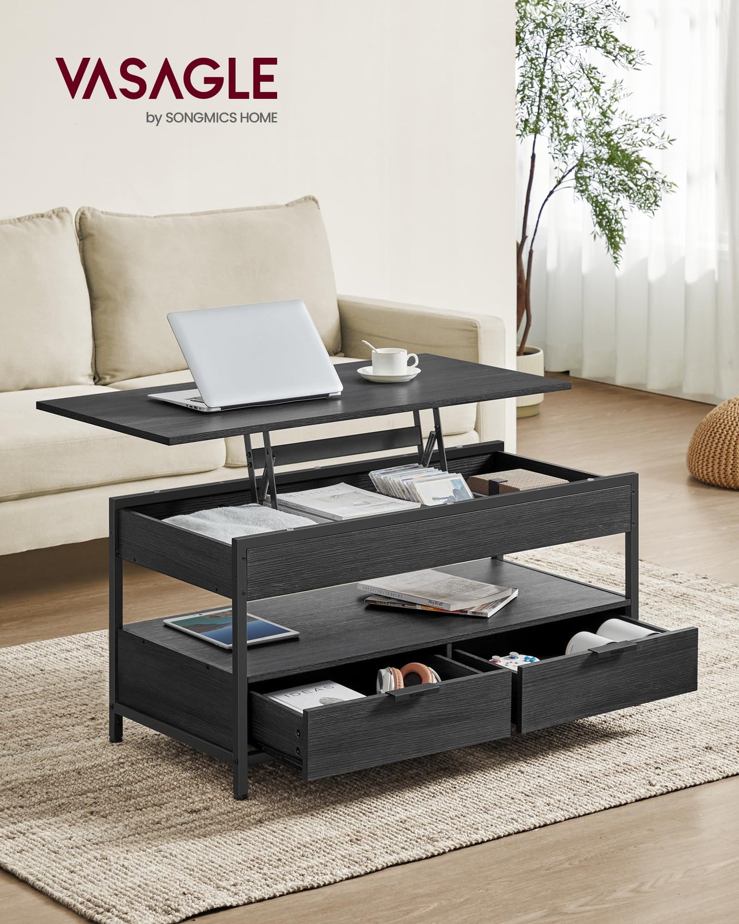 VASAGLE Coffee Table, Adjustable Height Living Room Table, with Drawers, Open Compartment, 50 x 100 cm, Anthracite Gray-Charcoal Black LCT209B22.