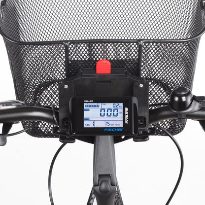 Fischer E-Bike handlebar basket with quick attachment, specifically designed for E-Bikes, carrying capacity of 5kg, suitable for all common displays with a width of 9 cm, including Bosch displays, black.