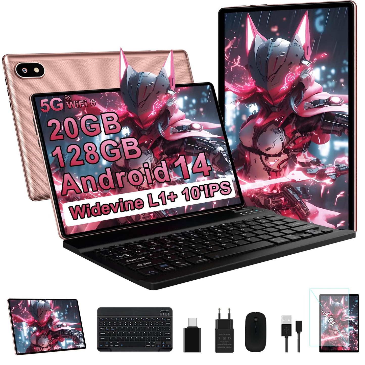 10-inch Android 14 Ultra-Fast Tablet with Widevine L1, 5G WiFi 6, Octa-Core, 20GB RAM + 128GB ROM (TF 1TB), FHD IPS, Dual Camera, Bluetooth 5.0, 2025 Latest Tablet with Keyboard and Mouse, Rose