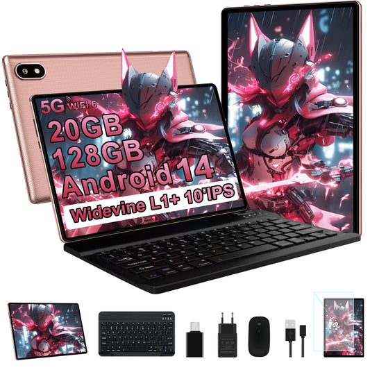 10-inch Android 14 Ultra-Fast Tablet with Widevine L1, 5G WiFi 6, Octa-Core, 20GB RAM + 128GB ROM (TF 1TB), FHD IPS, Dual Camera, Bluetooth 5.0, 2025 Latest Tablet with Keyboard and Mouse, Rose