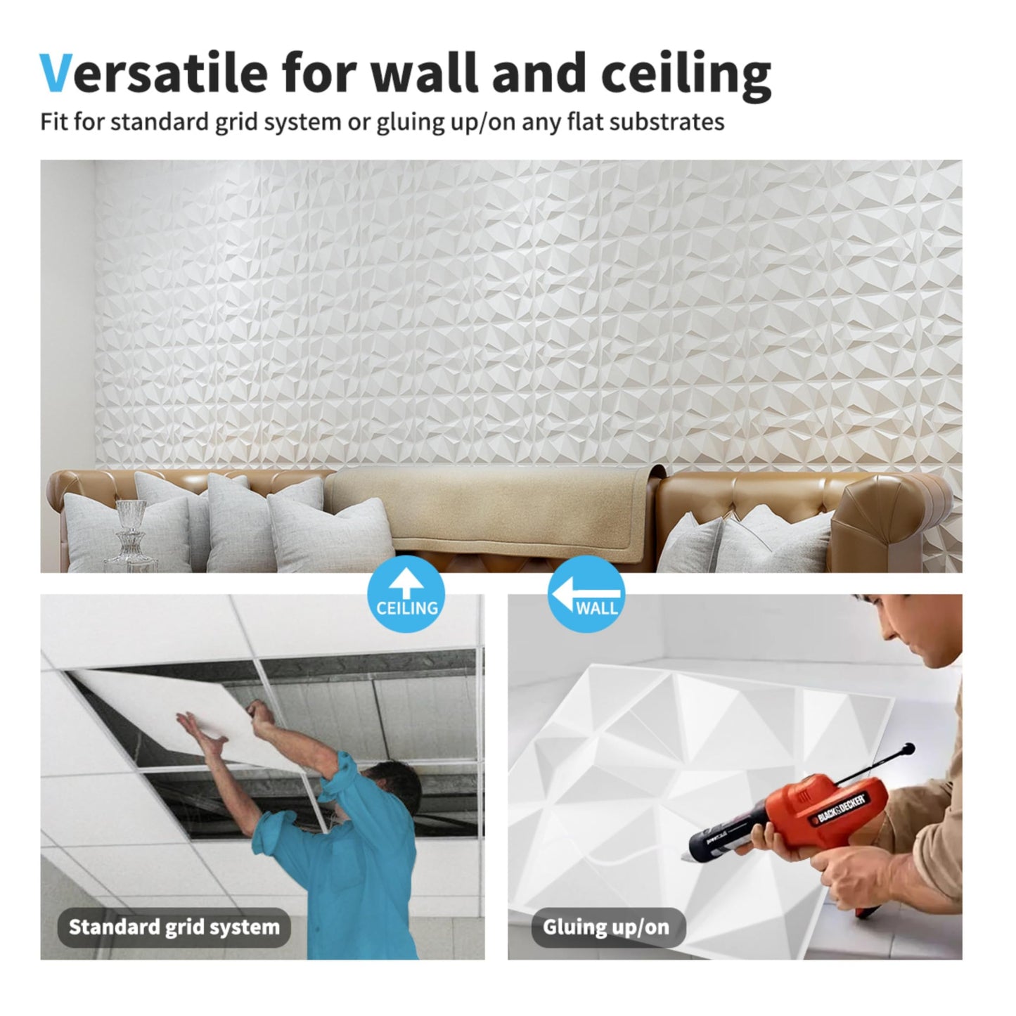 Art3d 33 Pieces 3D Wall Panels Diamond High Stiffness PVC, 30 x 30 cm, Non-deformable, Recyclable, Waterproof, Heat-resistant, Odorless, Matte White