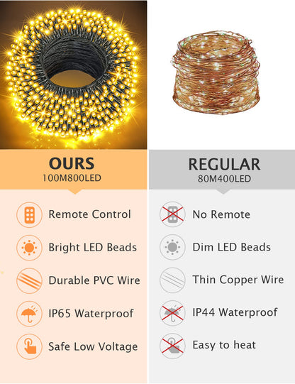 GYLIFEY outdoor fairy lights 100m Christmas fairy lights 800LED with remote control, waterproof LED fairy lights for Christmas decoration, warm white.