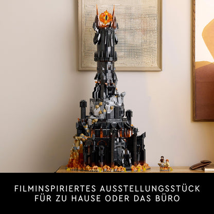 LEGO Icons The Lord of the Rings: Barad-dûr, adult building set featuring minifigures Sauron, Gothmog, Orc, Frodo, Sam, and Gollum. A film collectible and fan favorite. Item 10333.