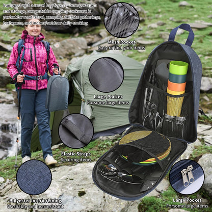 Mountain Country Camping Essentials, camping cookware set, camping gear equipment must-haves, come with camping cutlery sets, plates, and cups, perfect for outdoor cooking, picnic, grilling.