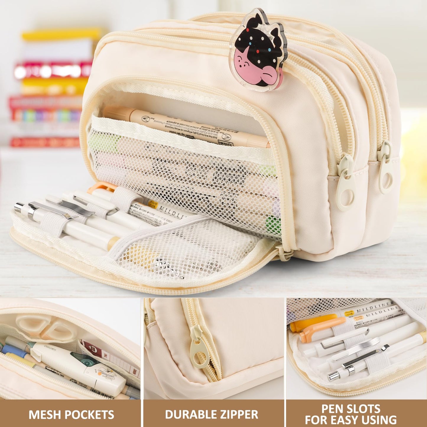 COLOCASTLE Pencil Case with 3 compartments, large capacity for girls, boys, teenagers, and adults. Ideal for school or office use, with a handle for easy carrying.