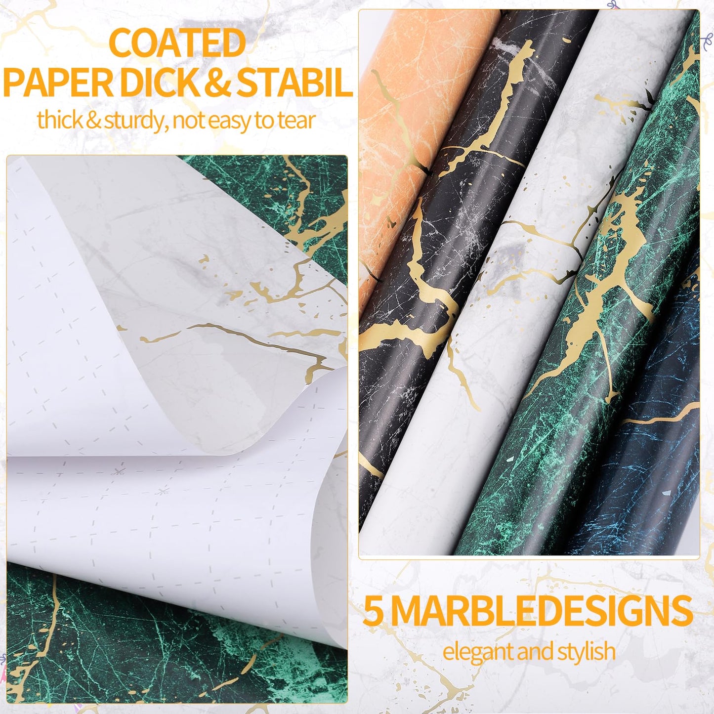 Woric 5-Roll Gift Wrap Set, 43cm x 3m Marble Gift Wrapping Paper Birthday Gift Wrap Roll with Gold Ribbon for Birthday Wedding Baby Shower (5 Designs)