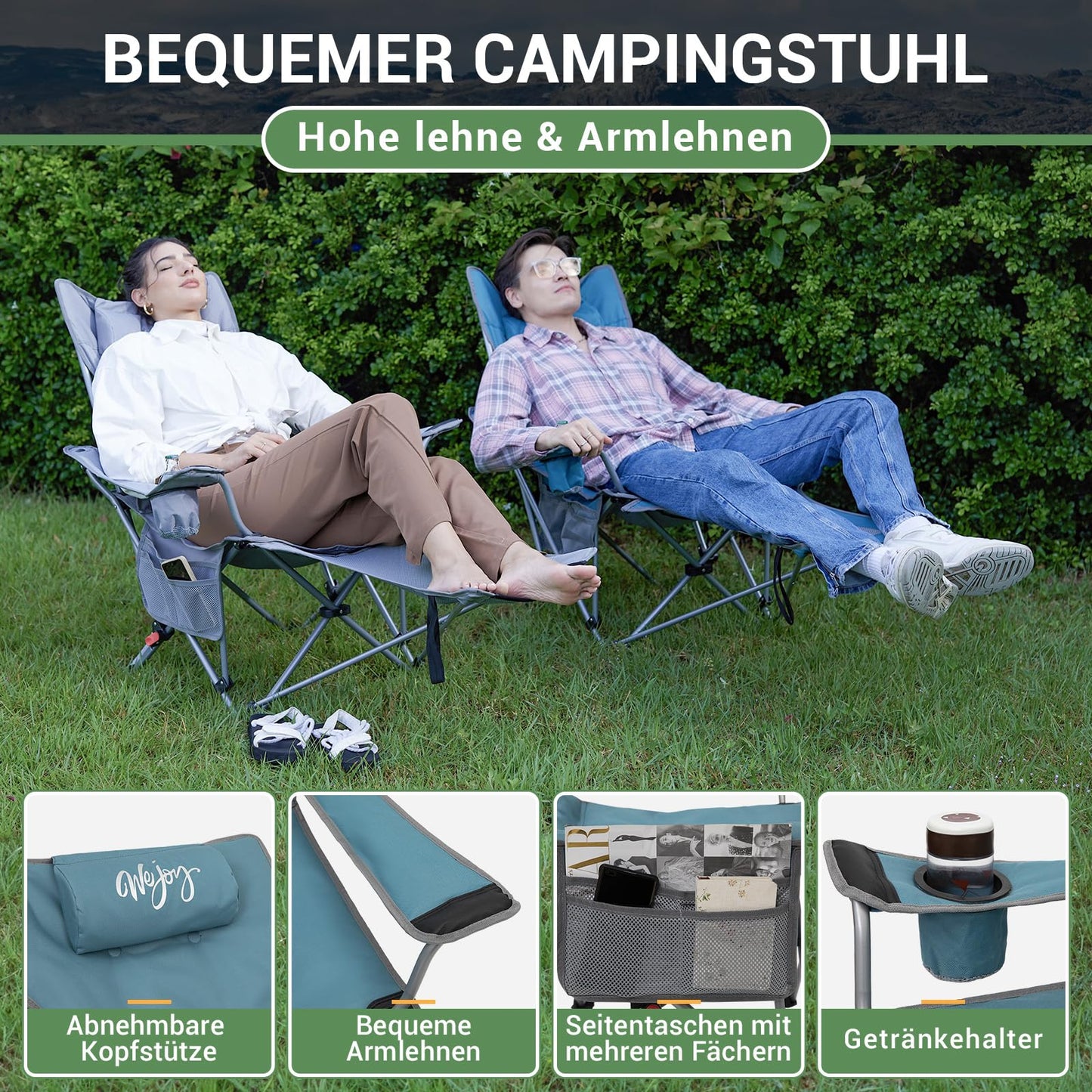 #WEJOY 2-in-1 camping chair with footrest, padded recliner with adjustable backrest, lounge chair with cup holder, perfect for outdoor camping in cyan color. Set includes 2 chairs.