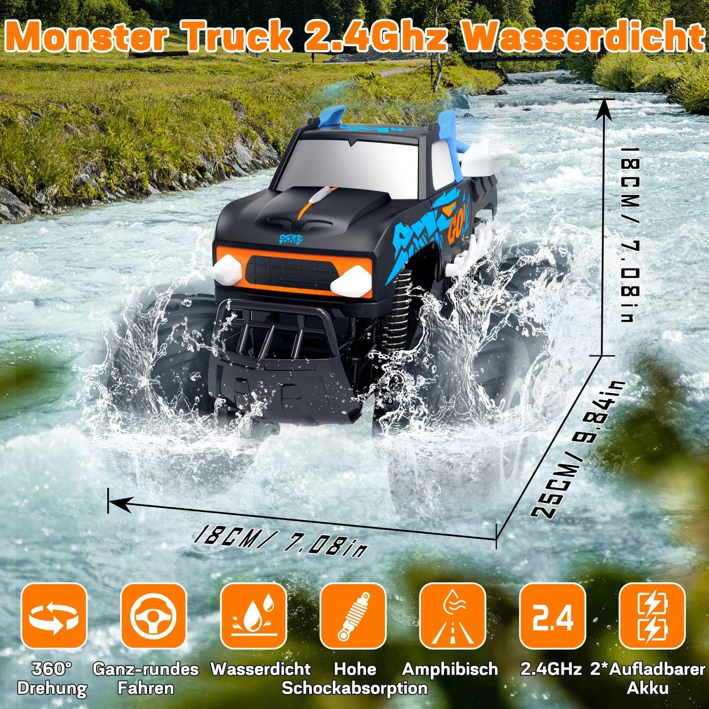 Gindoly Remote Control Car, 2.4 GHz Remote Control Monster Truck, 4WD 15+ km/h Hobby Offroad RC Car, Waterproof Terrain Vehicle with 2 Batteries, Toy for Kids aged 6-12 years.