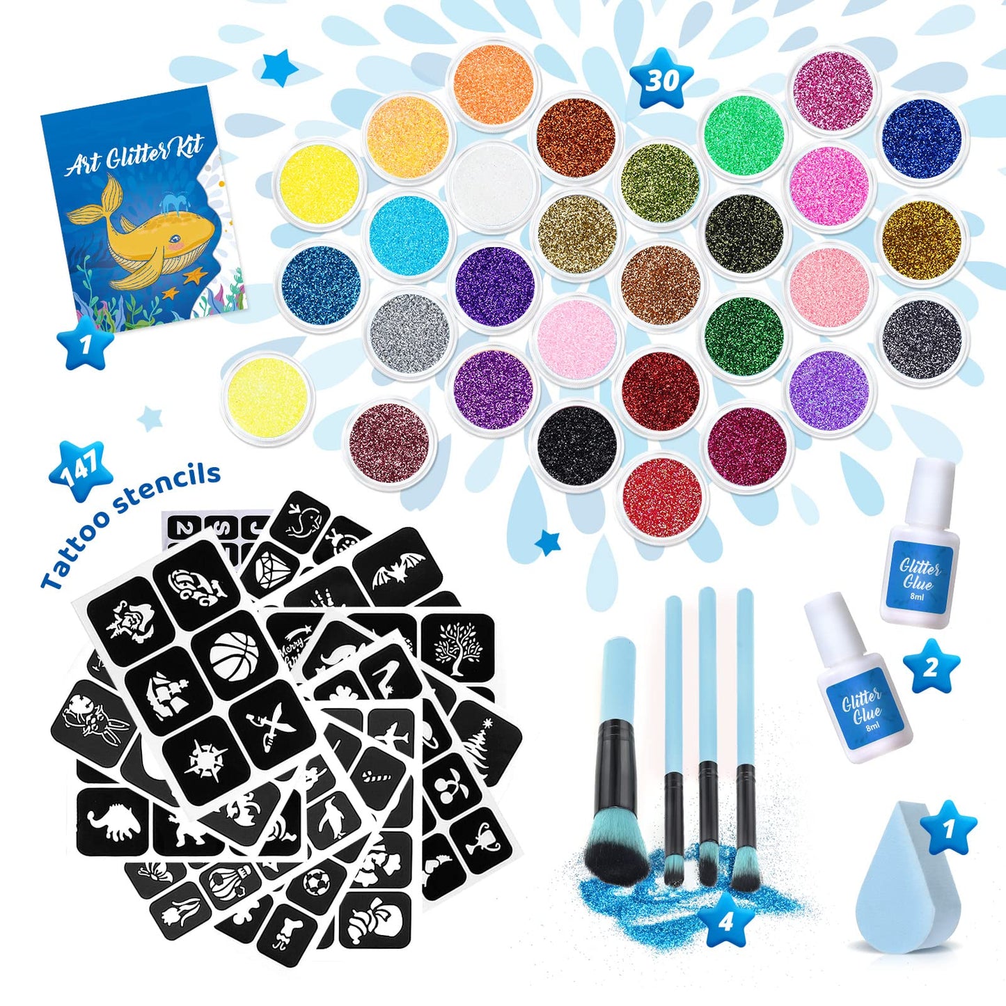 Bledra's Glitter Tattoo Set for Kids, 30 glitter colors, 147 stencils, 4 brushes, 2 glue, ideal gifts for children aged 3 to 12, beautifully packaged (Boy)