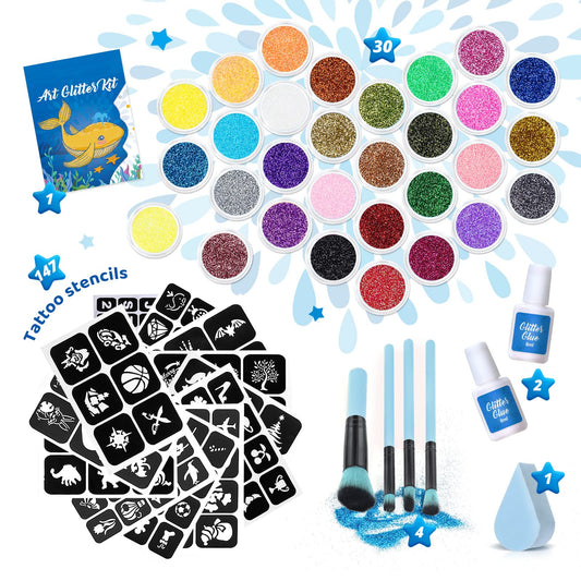 Bledra's Glitter Tattoo Set for Kids, 30 glitter colors, 147 stencils, 4 brushes, 2 glue, ideal gifts for children aged 3 to 12, beautifully packaged (Boy)