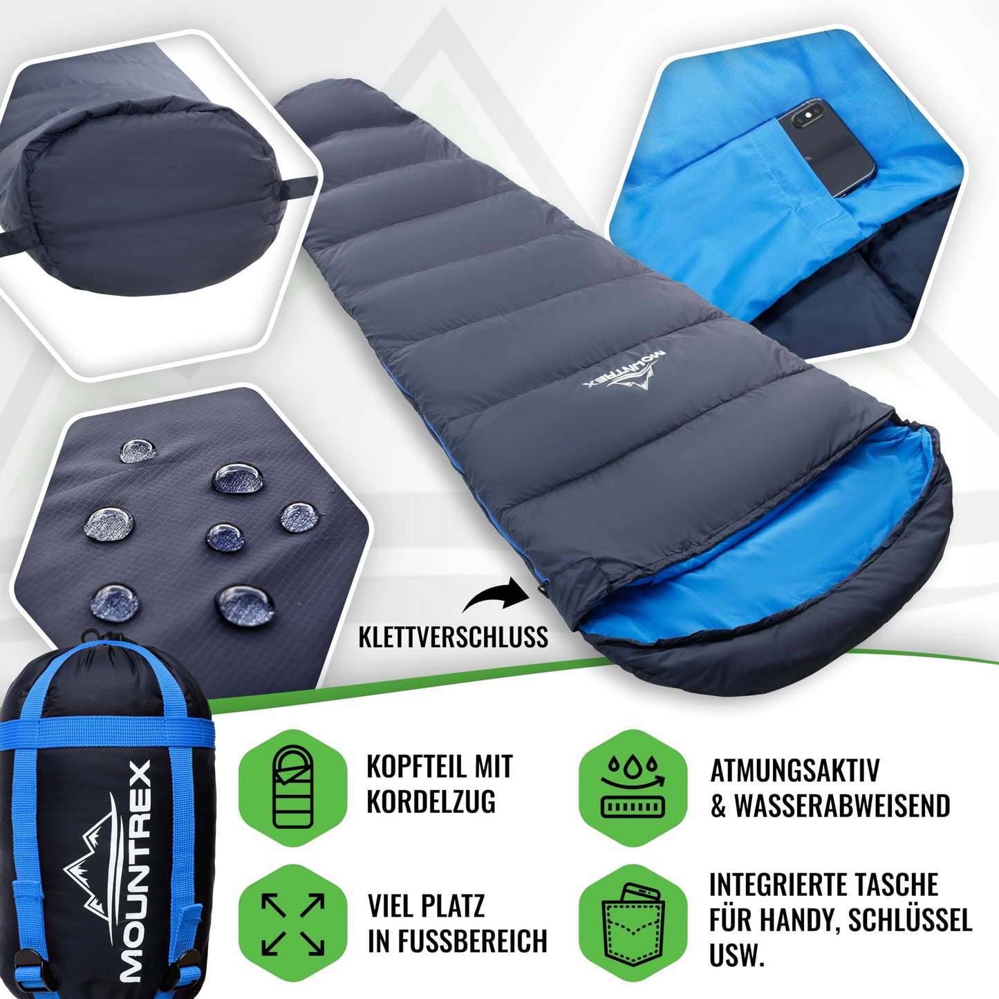 MOUNTREX® Sleeping Bag - Small pack size & Ultralight (760g) - Outdoor summer sleeping bag, mummy sleeping bag (205x80cm) - Compact, warm and light for camping, traveling or festivals - Linkable