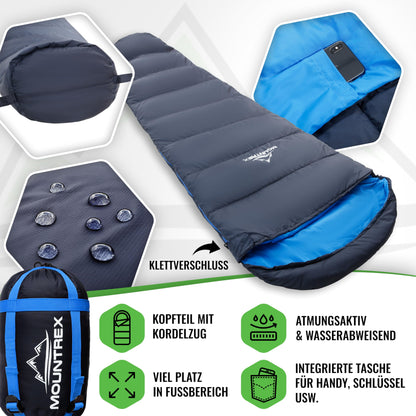MOUNTREX® Sleeping Bag - Small pack size & Ultralight (760g) - Outdoor summer sleeping bag, mummy sleeping bag (205x80cm) - Compact, warm and light for camping, traveling or festivals - Linkable