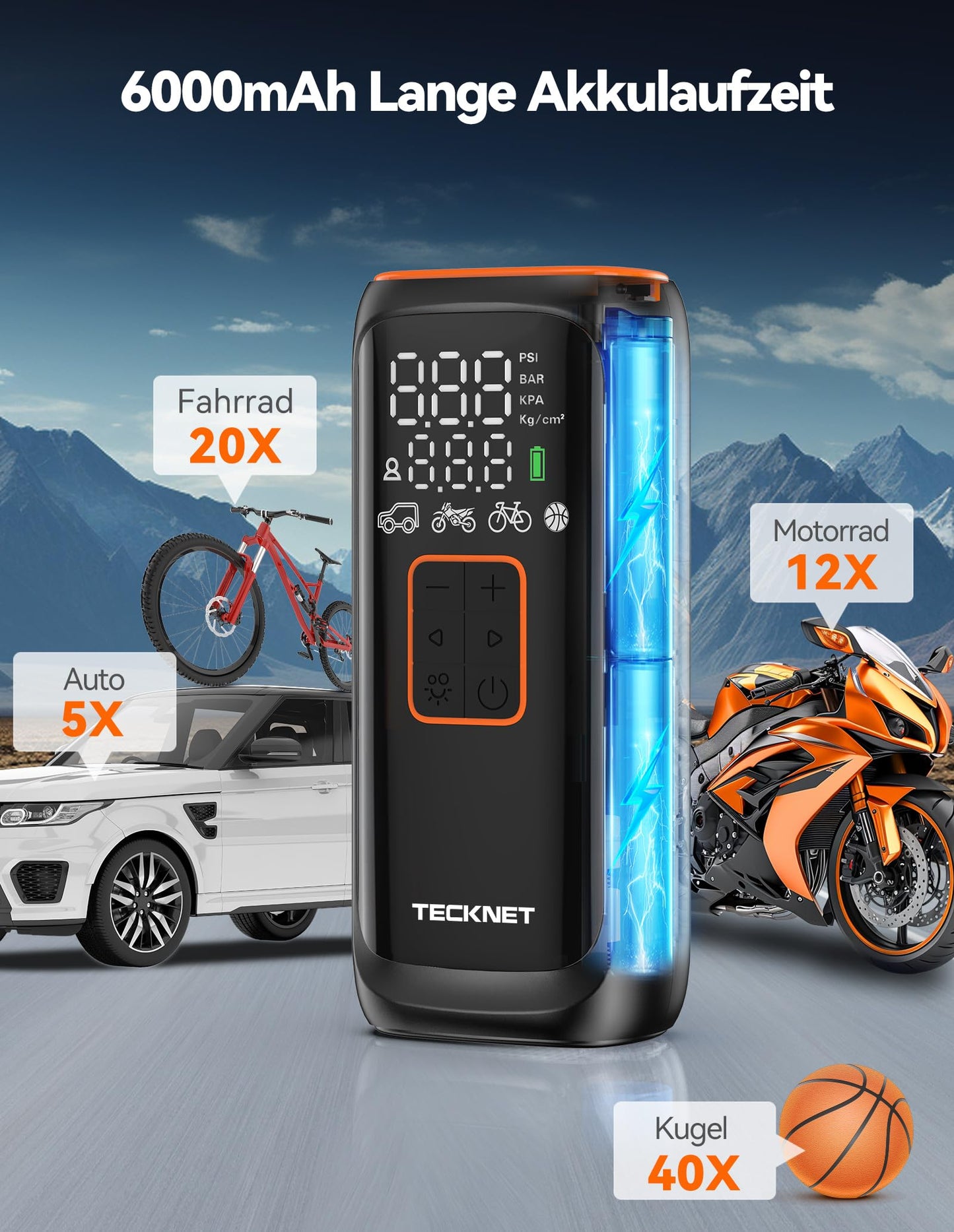 TECKNET Battery Compressor 6000mAh, Electric Air Pump 150 PSI, Electric Bike Pump, Air Compressor with Pressure Gauge for Cars, Bikes, Motorcycles, Balls, Power Bank, and Flashlight Function.