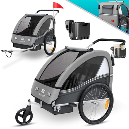 KESSER® child bicycle trailer Sport-RX 2in1 jogger & buggy with 5-point harness, safety belt, 360° front wheel, reflectors, suitable for 1-2 children (max. 40 kg), with cup holder & smartphone compartment.