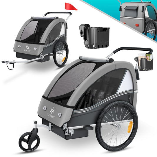 KESSER® child bicycle trailer Sport-RX 2in1 jogger & buggy with 5-point harness, safety belt, 360° front wheel, reflectors, suitable for 1-2 children (max. 40 kg), with cup holder & smartphone compartment.