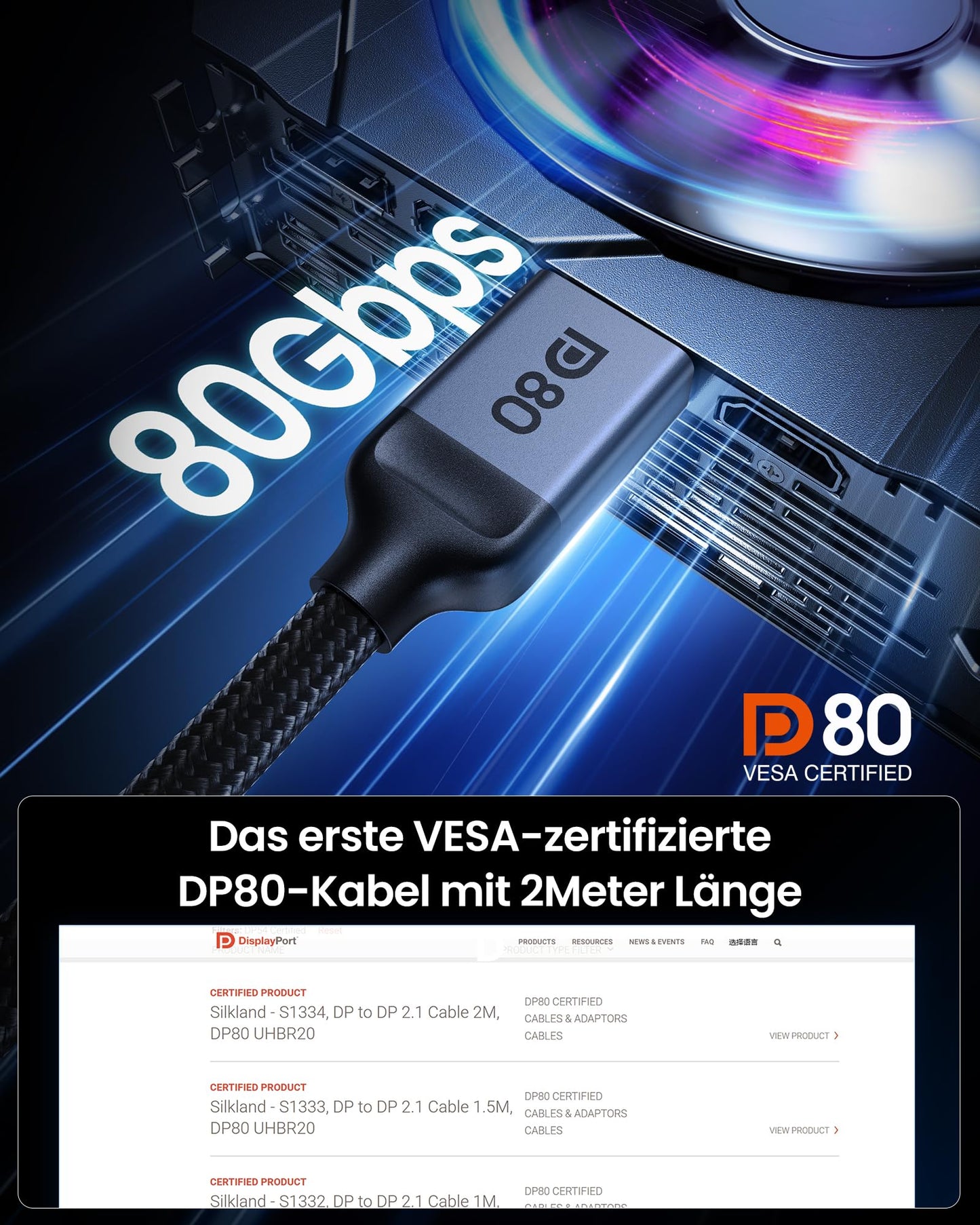 Silkland 80Gbps DisplayPort Cable 2.1 2M [VESA Certified] DP80, [8K@240Hz 4K@540Hz 360Hz 240Hz 180Hz] DP 2.1 Cable 16K, HDR10 FreeSync G-Sync UHBR20 for PC, Gaming Monitor, 5090 7900XTX - S1334