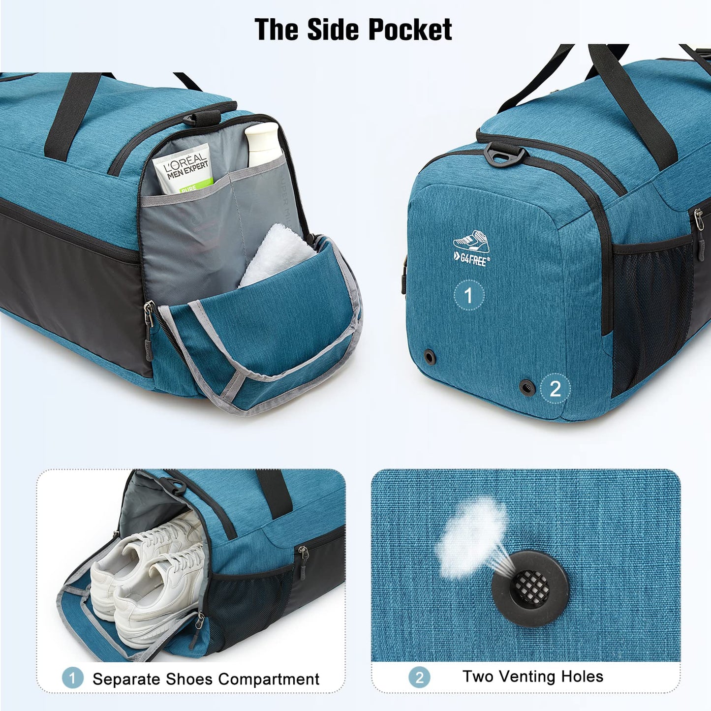 G4Free 45L Large Sport Bag & Travel Bag for Men and Women/with Shoe Compartment & Wet Pocket/Training Bag & Gym Bag & School Sports Bag/for School & Sports & Fitness & Travel, Peacock Blue/Black