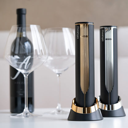 Prestigio Maggiore Corkscrew Electric - Premium Wine Bottle Opener with Charging Station - Built-in Foil Cutter - Packaged in high-quality gift box - Black/Silver