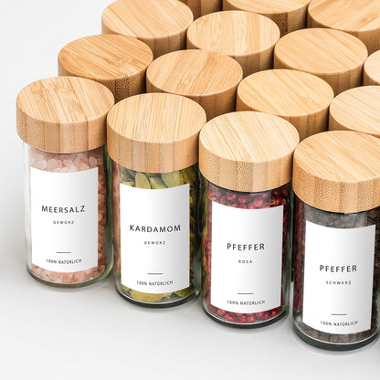 Happy Lemuro Spice Jars Round [24 x 100 ml] 435 Labels in German | Spice Containers with Wooden Lids & Accessories - Airtight - Set of 24 Spice Jars, Spice Storage Jars.