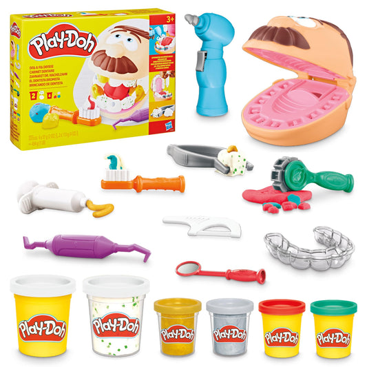 Play-Doh Dentist Dr. Wackelzahn Craft Set with 8 x 56g Tubs and 10 tools for shaping, with cavity clay and metallic clay, creative fun for kids.