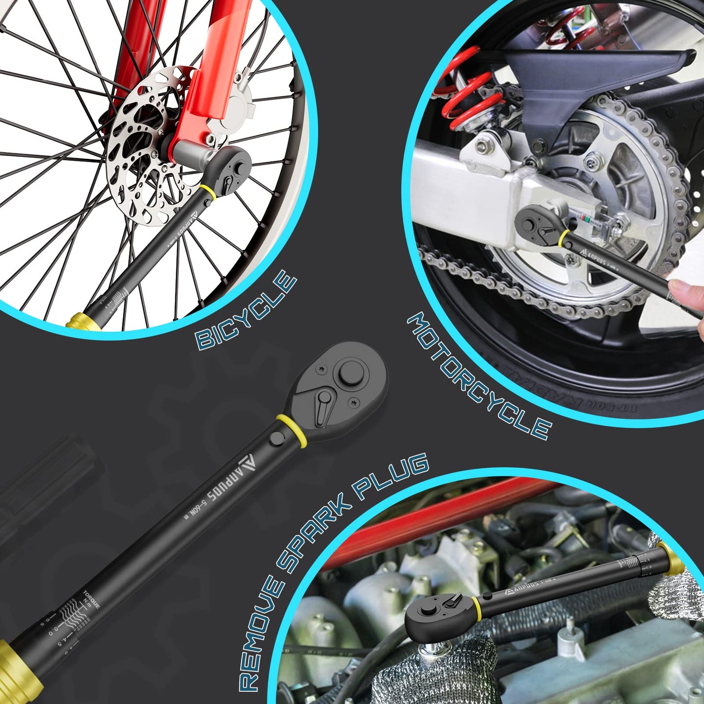 ANPUDS 3/8 Inch 5-60Nm Torque Wrench, ±3% Accuracy with 72 Teeth Reversible Ratchet Head Portable Storage Box for bike, Motorcycle, and Car Spark plug Replacement