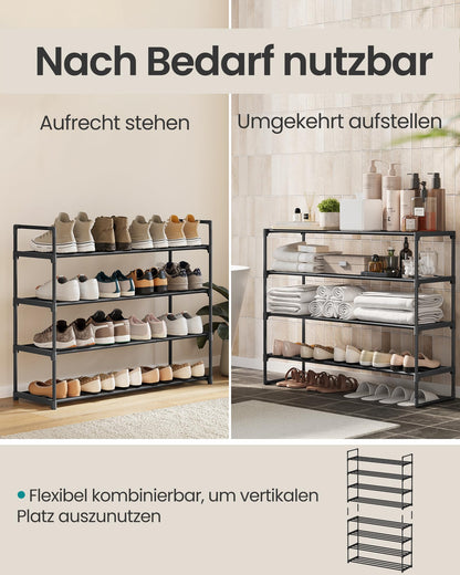 SONGMICS 4-tier shoe rack, made of metal, shoe storage, shoe organizer, can be used vertically or horizontally, holds 20-25 pairs of shoes, stackable, for hallway, 30 x 92 x 75 cm, black LSA14BK