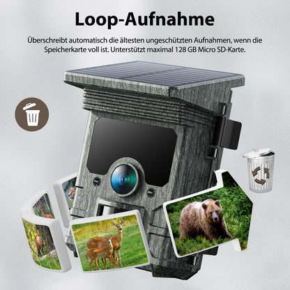 VOOPEAK Wildlife Camera Solar WiFi 4K 30fps 85MP, wildlife camera with mobile transfer APP, game camera with motion detector night vision 120° wide angle IP66 waterproof with 32GB Micro SD card