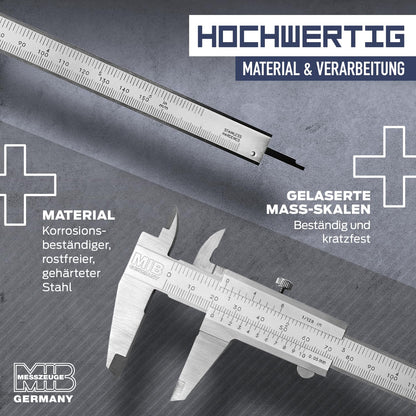 MIB Vernier caliper with locking screw DIN 862 150mm | Stainless steel caliper | Analog caliper | Vernier caliper with matt chrome finish | Precision measuring instrument for 4-way measurement | Measuring tool