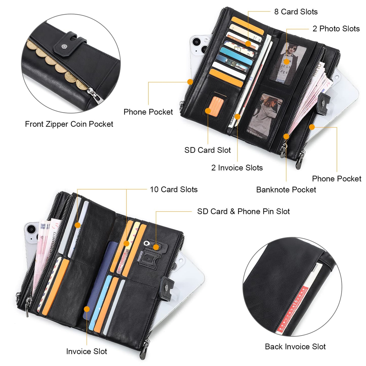 CONTACTS RFID Women's Zipper Wallet-Lady Card Coin Holder Phone Clutch Purse Genuine Leather (Black)