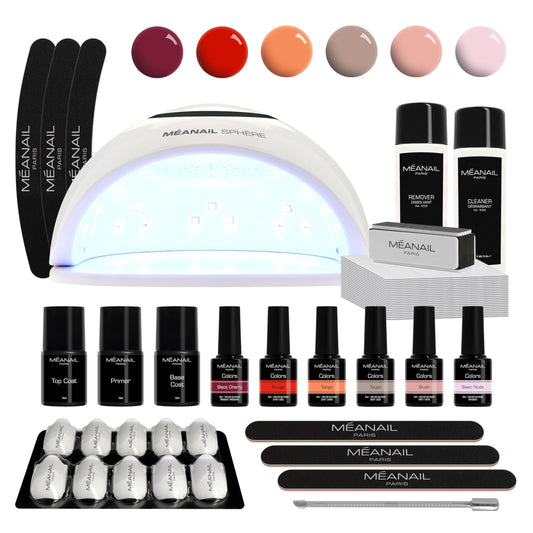 Nail salon set complete • Meanail® Paris Sphere • Manicure Starter Kit • 1 LED lamp • 6x UV gel semi-permanent nail polish • Nail file • includes primer base top • remover • shellac • Vegan