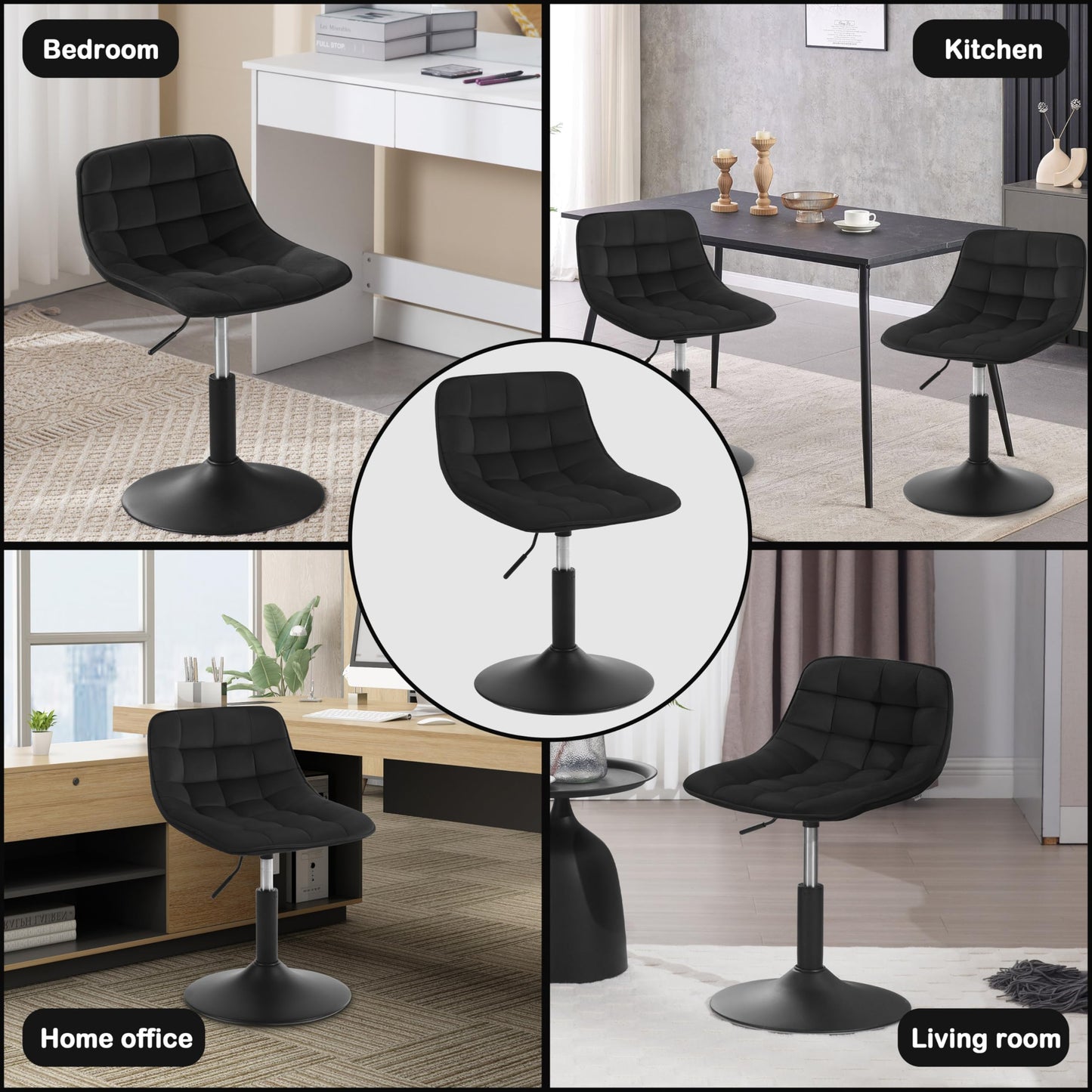 WOLTU vanity chair stool for vanity, bedroom & dining room - height adjustable, 360° swivel with backrest, made of comfortable velvet, black, BH300sz-1