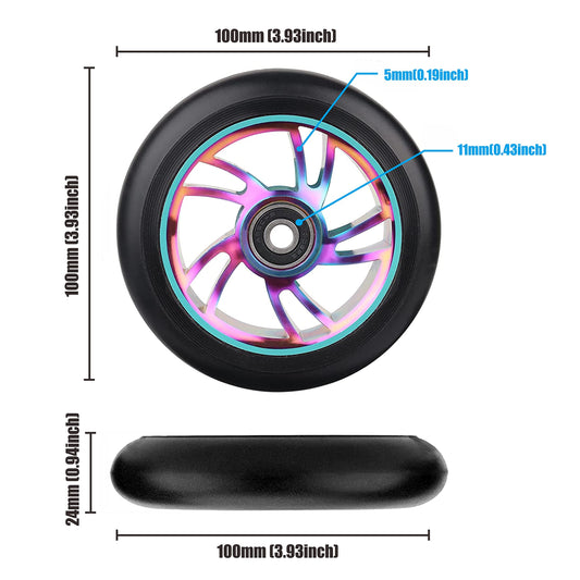 Yungeln 2 pieces 100mm stunt scooter replacement wheels 100 x 24mm 88A full tires with ABEC-9 bearings compatible for most stunt scooters and kick scooters.