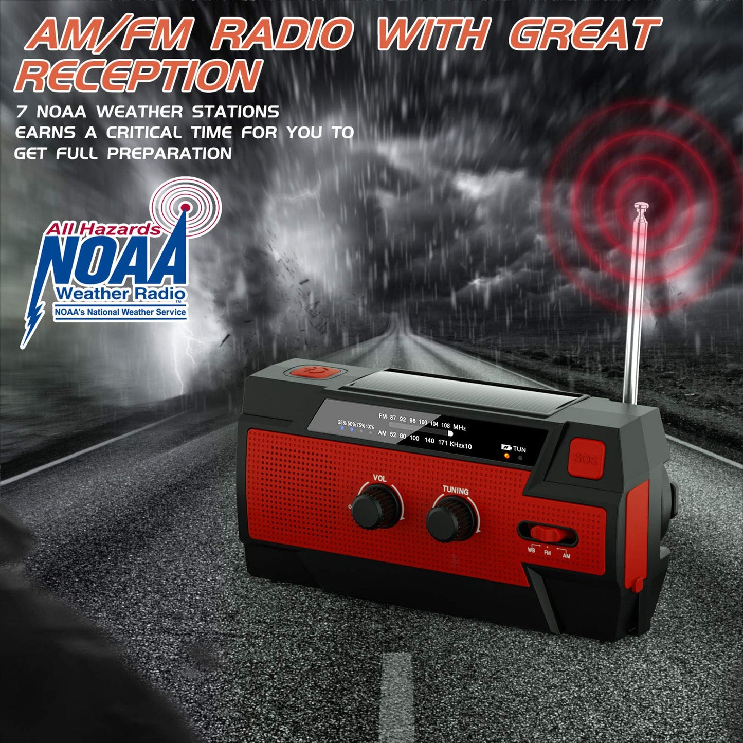 YIKANWEN Solar Radio, AM/FM Crank Radio Portable USB Emergency Radio with 4000mAh Rechargeable Battery and Hand Crank Dynamo for Camping, Travel (Red)