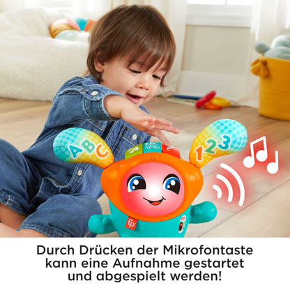 Fisher-Price, DJ Hüpfi, GERMAN Version, interactive learning toy for dancing, moving, and bouncing, with music and suspension, baby toy for children ages 9 months and up, HJP94.
