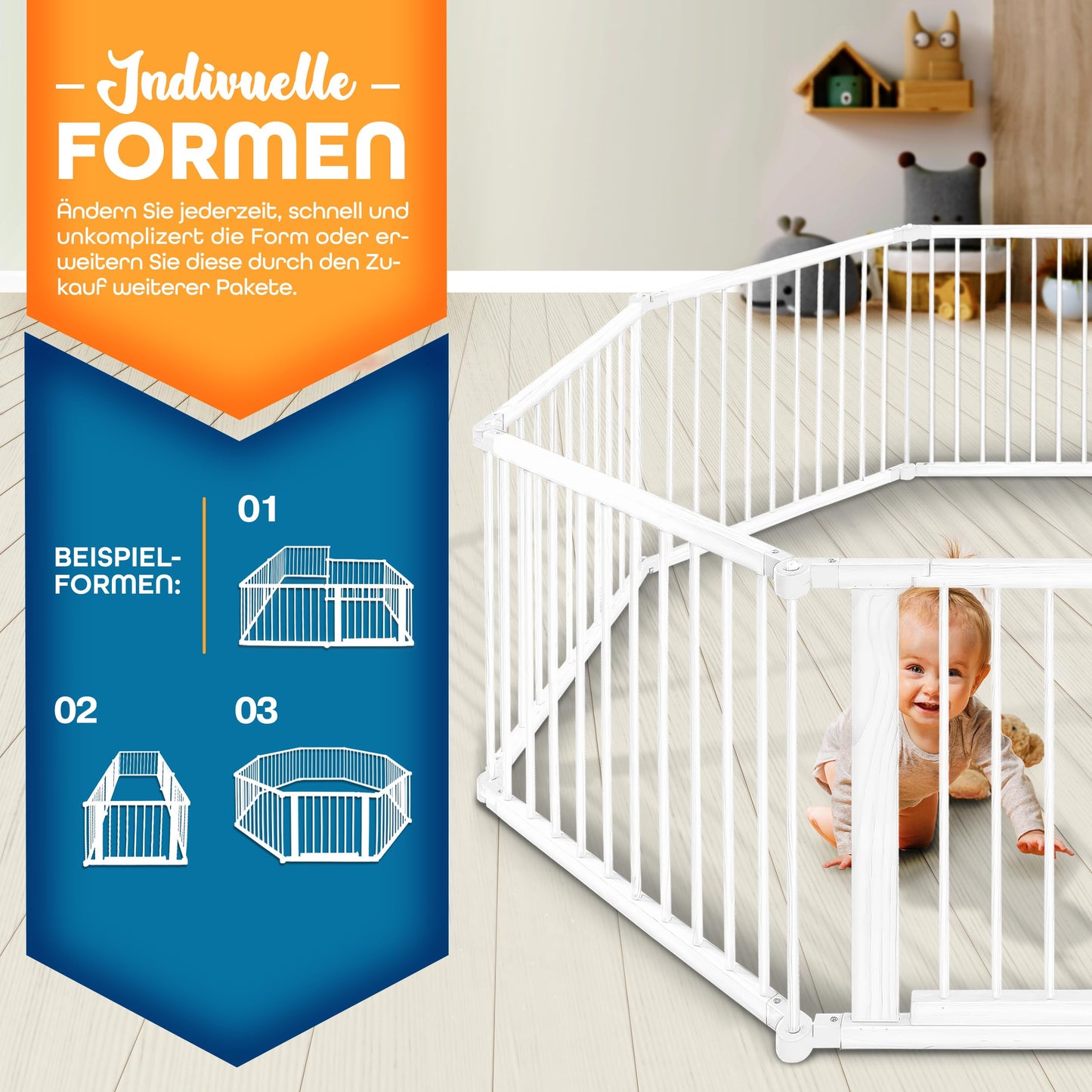 KIDUKU® 7.2m Baby Playpen XXL, foldable with door | Play yard with double security | Safety gate for kids, 8 panels | Adjustable playpen.