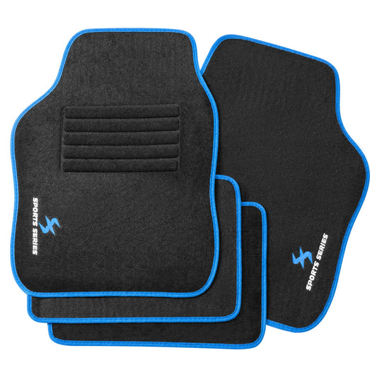 WOLTU car floor mat set with 4 mats, universal all-weather mats with embroidery. Car carpet against water, non-slip heel protectors made of carpet material. Black Blue.